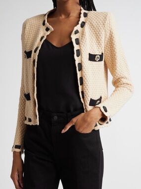 L'AGENCE Astor Contrast Trim Cardigan in Biscuit/Black